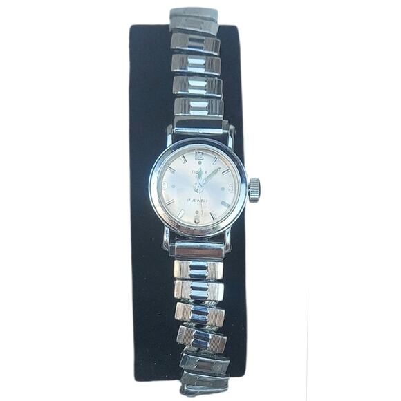 Vintage Timex Women's 17 Jewels Mechanical Wind Up Watch Silver Tone Flex Band - Picture 2 of 8